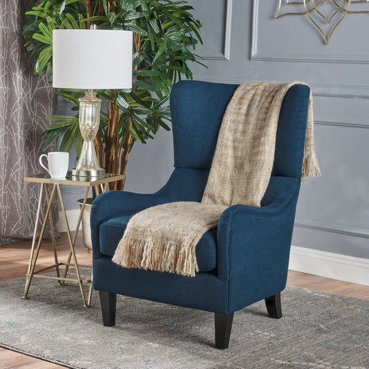 Hi Back Quentin Sofa Chair blue fabric armchair with beige throw and black legs on Tampa Home & Garden Store
