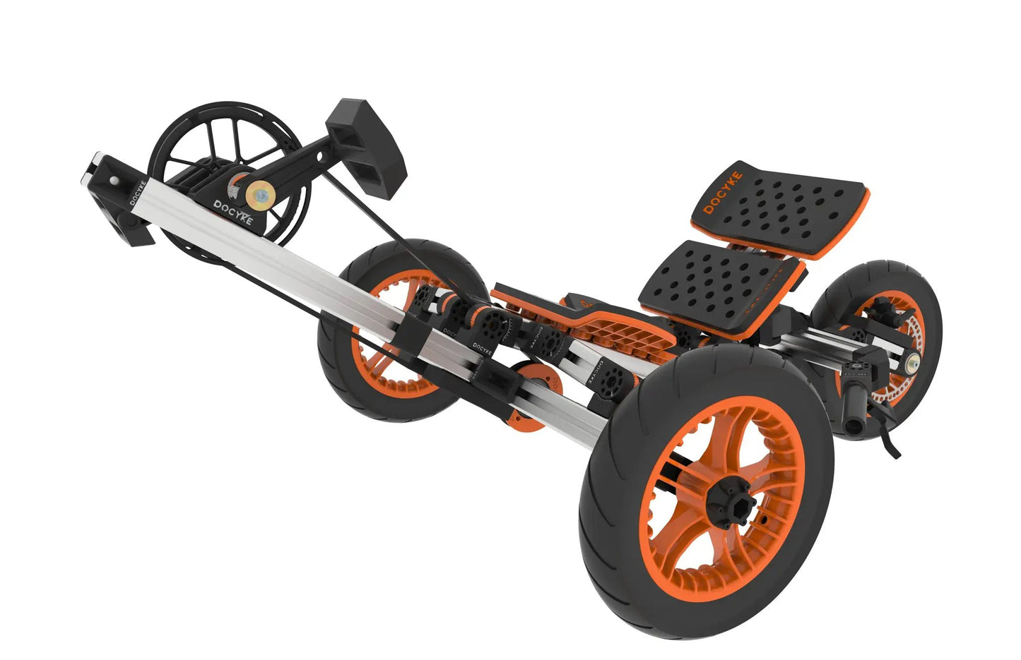Buildable 20-in-1 kids go-kart with aluminum frame, orange wheels, perforated black seat on Tampa Home & Garden Store