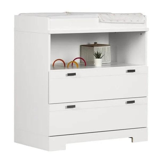 HomePacific Modern Nursery Two-Drawer White Changing Table with open cubby and top pad on Tampa Home & Garden Store