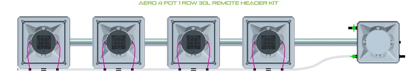 Alien Aero 4 Pot One Row Aeroponics Kit with 4 pots in a single row connected by tubing on Tampa Home & Garden Store