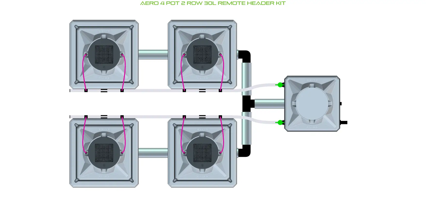 Alien Aero 4 Pot 2 Row Aeroponics Grow Kit with four square pots and remote header on Tampa Home & Garden Store