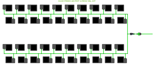 Alien EasyFeed 40 Pot 4 Row Grow Kit irrigation diagram showing 40 pots with green tubing on Tampa Home & Garden Store