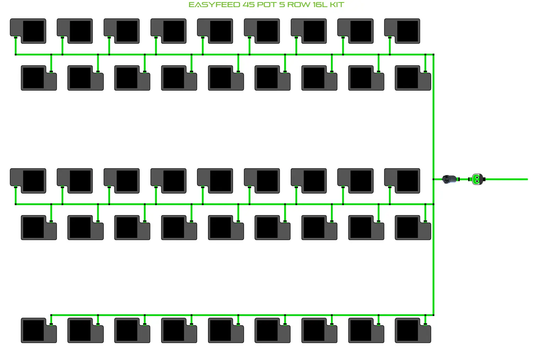 Alien EasyFeed 45 Pot 5 Row Kit diagram with green tubing and 45 pots, valve on right on Tampa Home & Garden Store