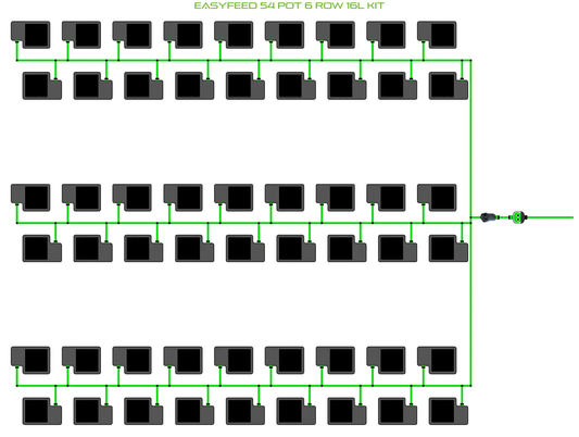 Alien EasyFeed 54 Pot 6 Row Grow Kit irrigation diagram with 54 pots and green tubing on Tampa Home & Garden Store