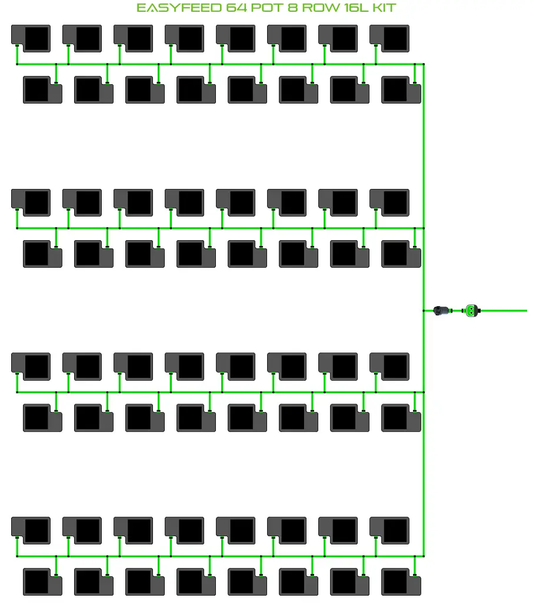 Alien EasyFeed 64 Pot 8 Row Grow Kit irrigation diagram with 64 pots and green tubing on Tampa Home & Garden Store