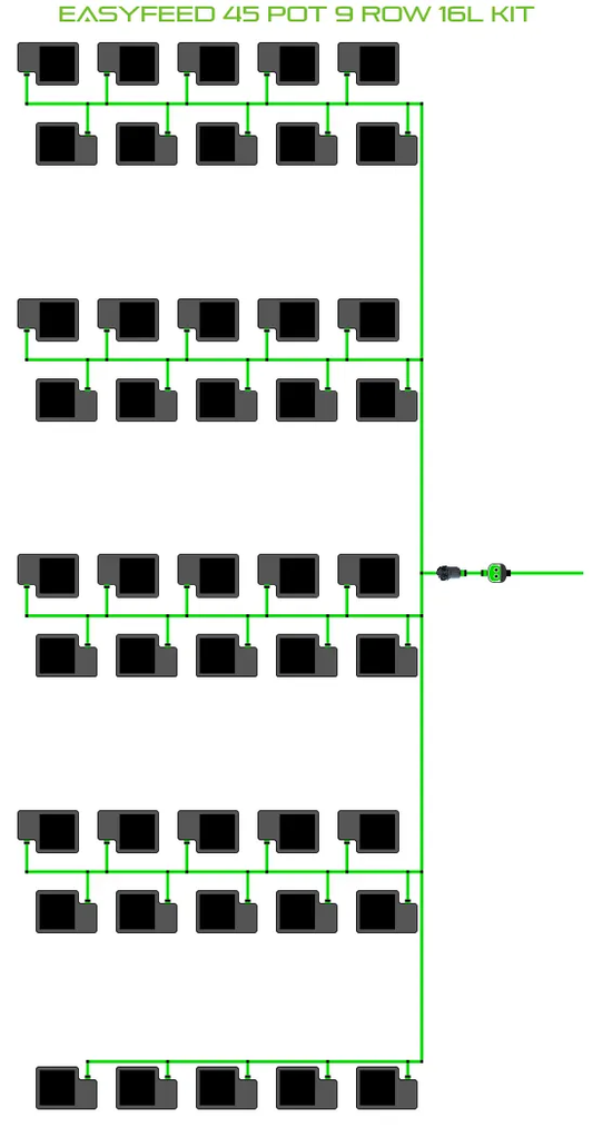 Alien EasyFeed 45 Pot 9 Row Kit System diagram showing 45 pots linked by green irrigation lines 16L kit. on Tampa Home & Garden Store