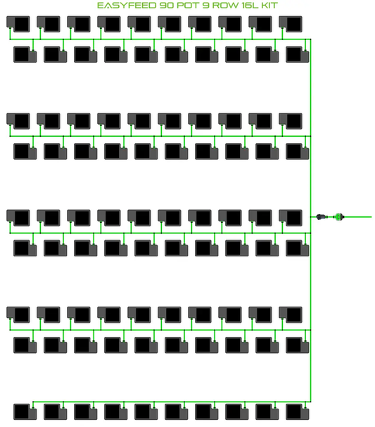 Alien EasyFeed 90 Pot 9 Row Kit irrigation diagram with green tubing and black pots on Tampa Home & Garden Store