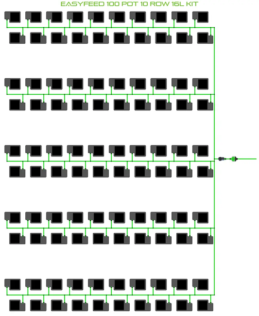 Alien EasyFeed 100 Pot 10 Row Grow Kit diagram with green tubing and rows of black pots on Tampa Home & Garden Store