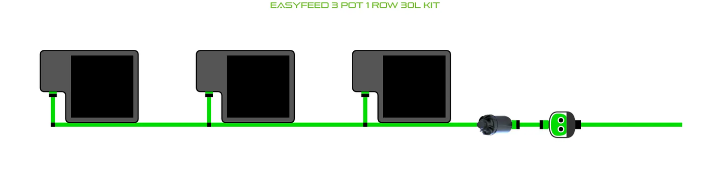 Alien EasyFeed 3 Pot 1 Row Kit irrigation with green tubing and three black pots by Alien on Tampa Home & Garden Store