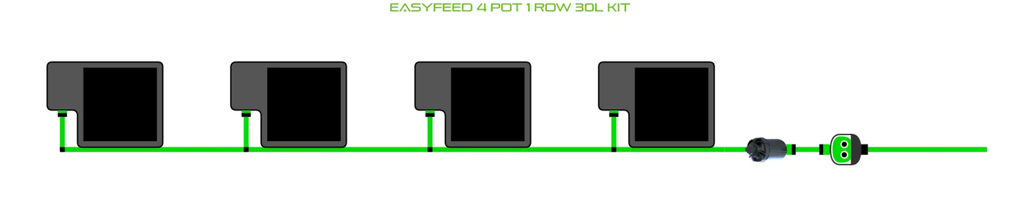 Alien EasyFeed 4 Pot 1 Row Kit: four pots in a row with green tubing and inline pump on Tampa Home & Garden Store