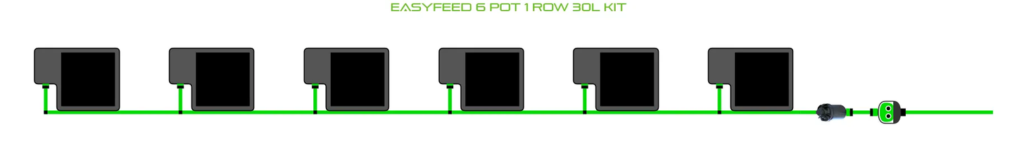 Alien EasyFeed 6 Pot 1 Row Kit irrigation line with six pots on bright green tubing on Tampa Home & Garden Store