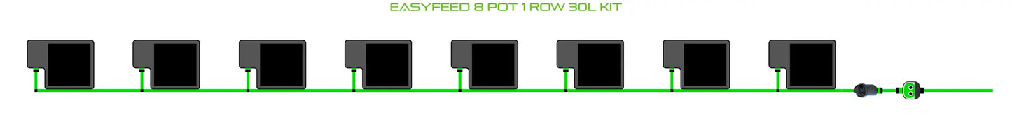 Alien EasyFeed 8 Pot 1 Row Kit with 8 black pots on a green irrigation line on Tampa Home & Garden Store