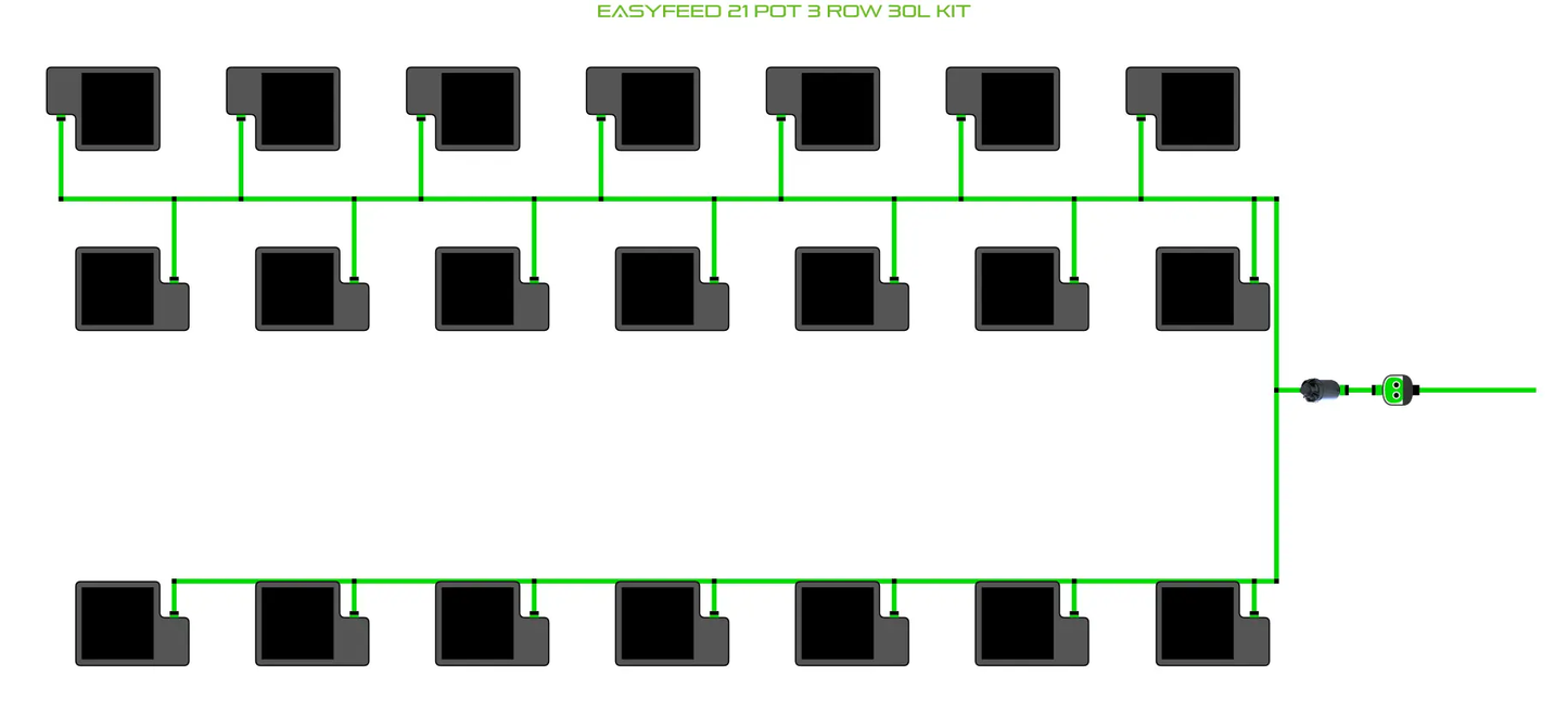 Alien EasyFeed 21 Pot 3 Row Grow Kit schematic with green irrigation lines on Tampa Home & Garden Store