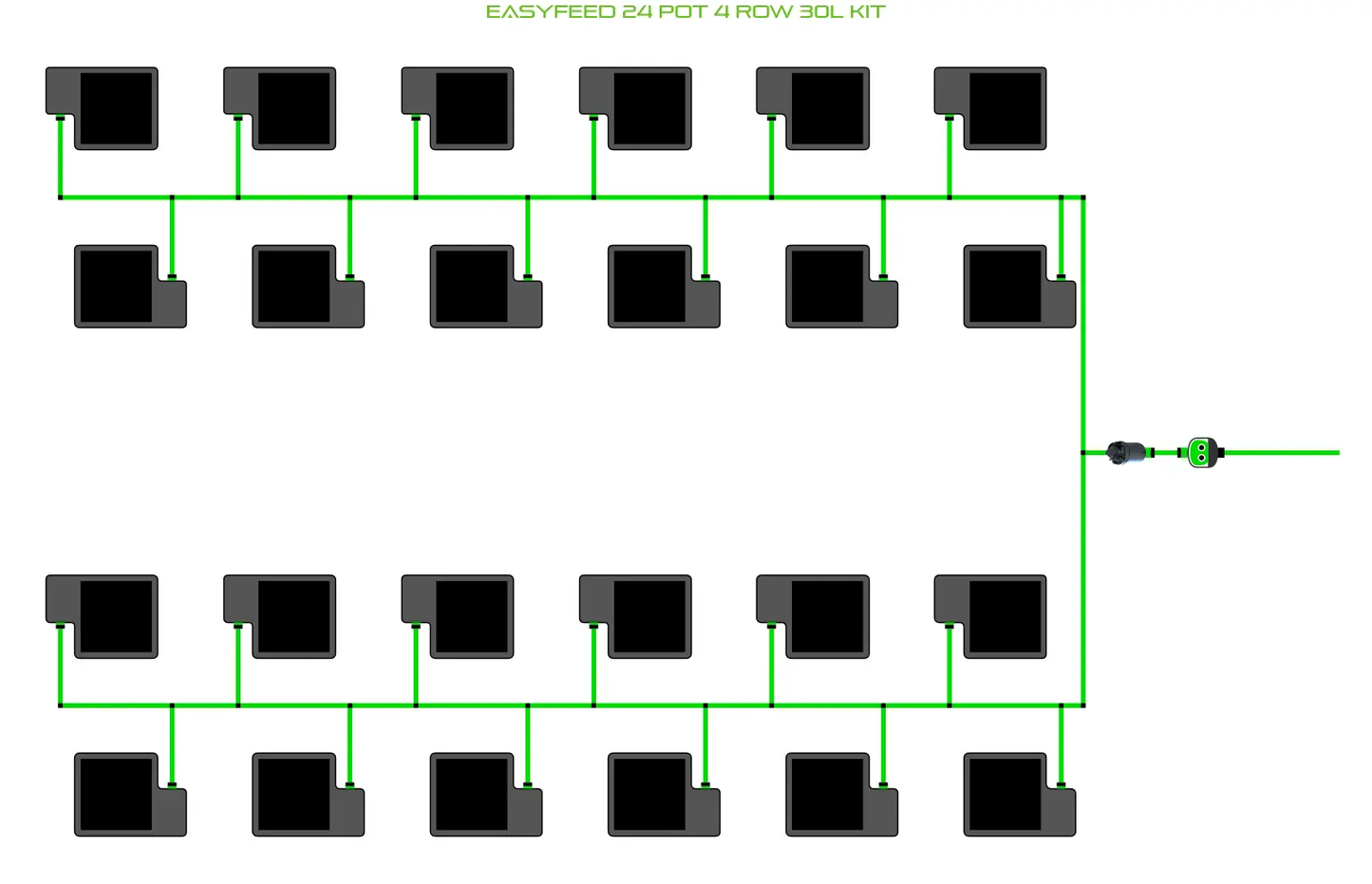 Alien EasyFeed 24 Pot 4 Row Kit schematic with feed lines and 24 pots for aisle access on Tampa Home & Garden Store
