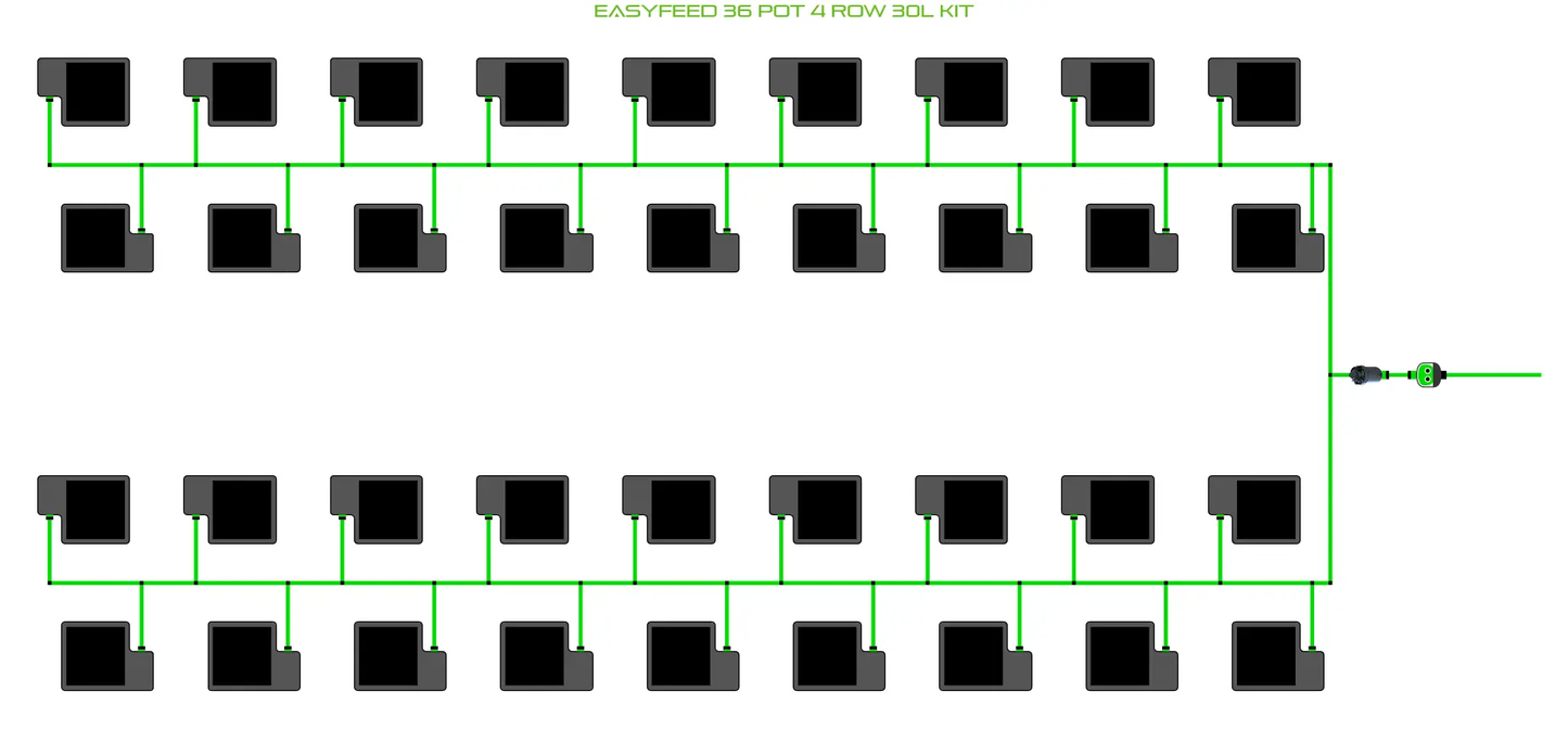 EasyFeed 36 Pot 4 Row Kit diagram with green tubing and black pots Alien Hydroponics on Tampa Home & Garden Store