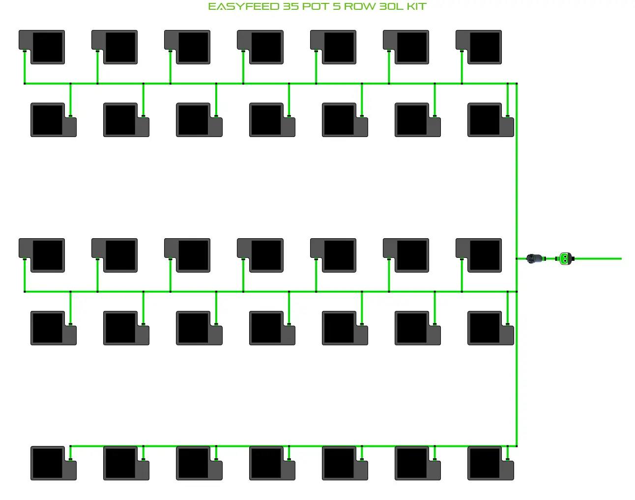 Alien EasyFeed 35 Pot 5-Row Kit Pro irrigation schematic with green supply lines and pots on Tampa Home & Garden Store