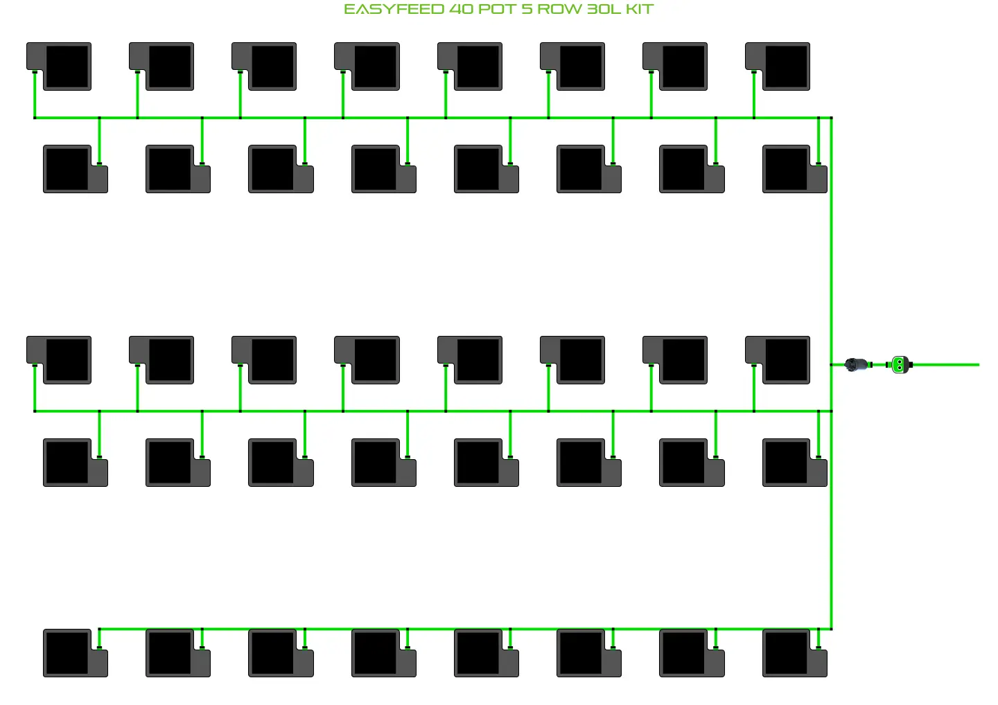 EasyFeed 40 Pot 5 Row Kit irrigation layout with 40 pots and green tubing by Alien Hydroponics on Tampa Home & Garden Store