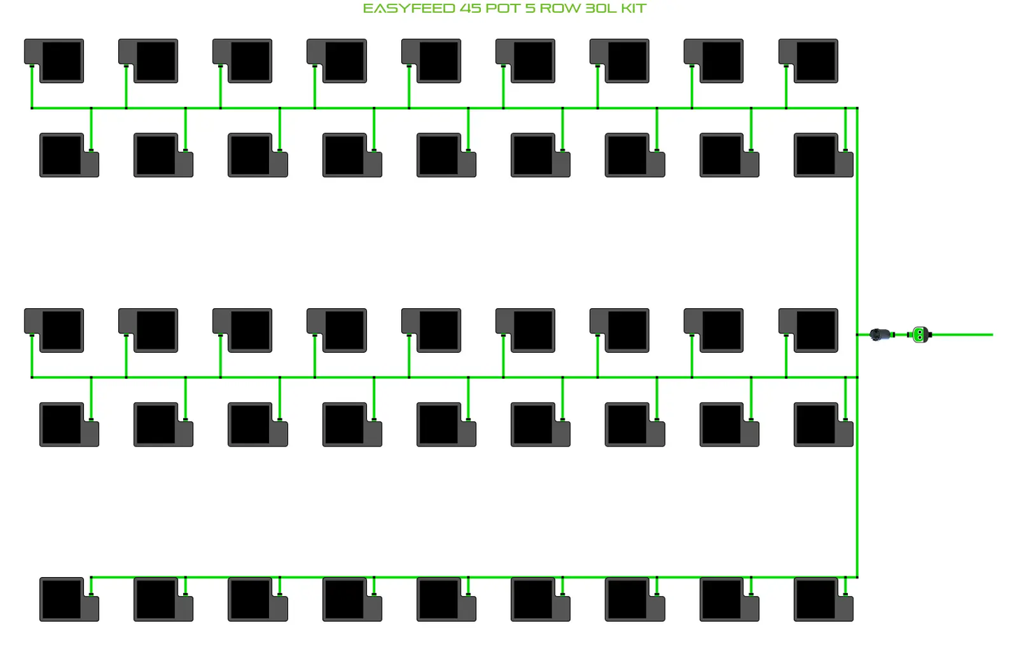 Alien EasyFeed 45 Pot 5 Row Kit irrigation diagram with green tubing and black pots on Tampa Home & Garden Store