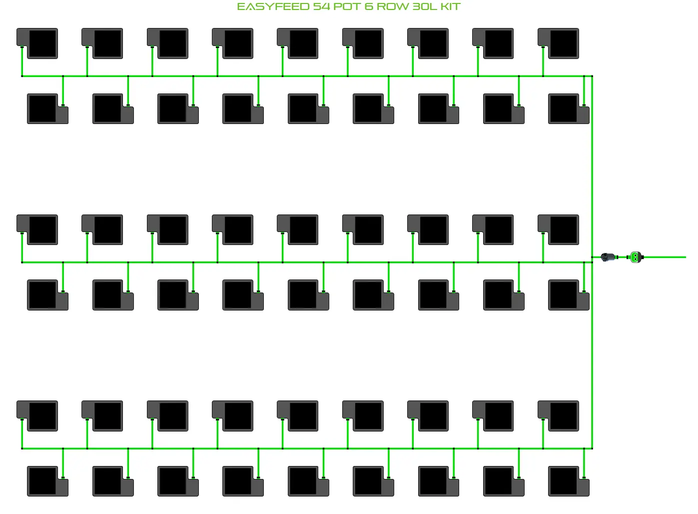 Alien Hydroponics EasyFeed 54 Pot 6 Row Grow Kit diagram with green feed lines on Tampa Home & Garden Store