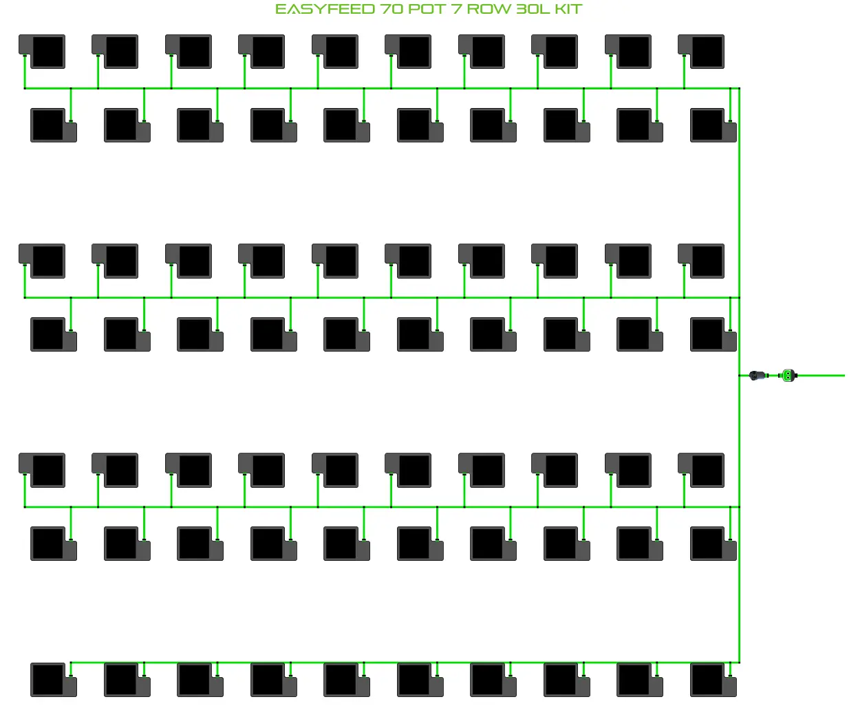 Alien EasyFeed 70 Pot 7 Row Grow Kit irrigation diagram with 70 pots and green supply lines on Tampa Home & Garden Store