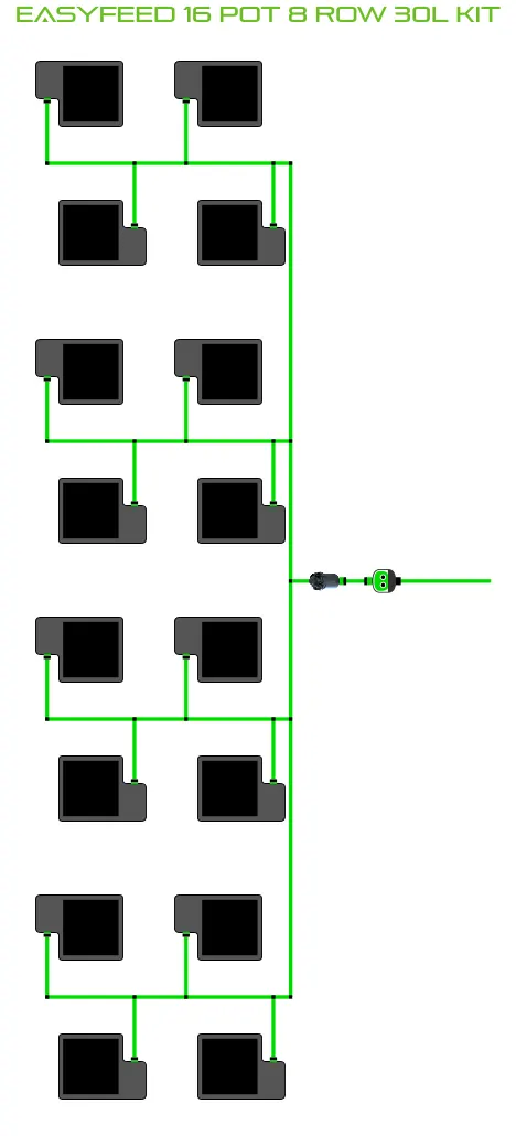 Alien Hydroponics EasyFeed 16 Pot 8 Row Kit layout with 16 black pots and irrigation lines on Tampa Home & Garden Store