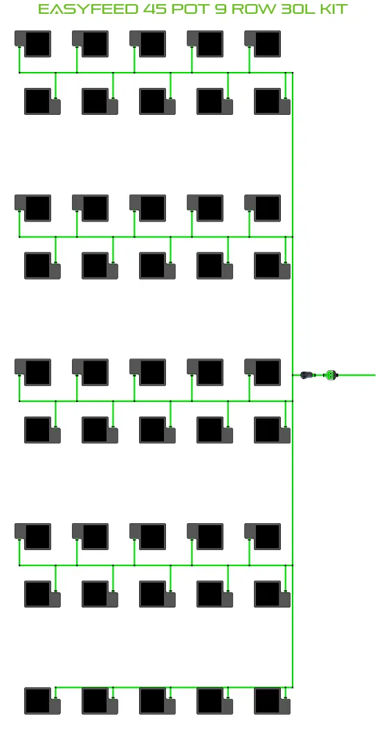 Alien EasyFeed 45 Pot 9 Row Kit System diagram with green irrigation lines and black pots on Tampa Home & Garden Store