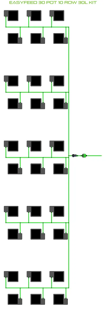 Alien EasyFeed 30 Pot 10 Row Kit irrigation layout showing 30 black pots with green tubing on Tampa Home & Garden Store