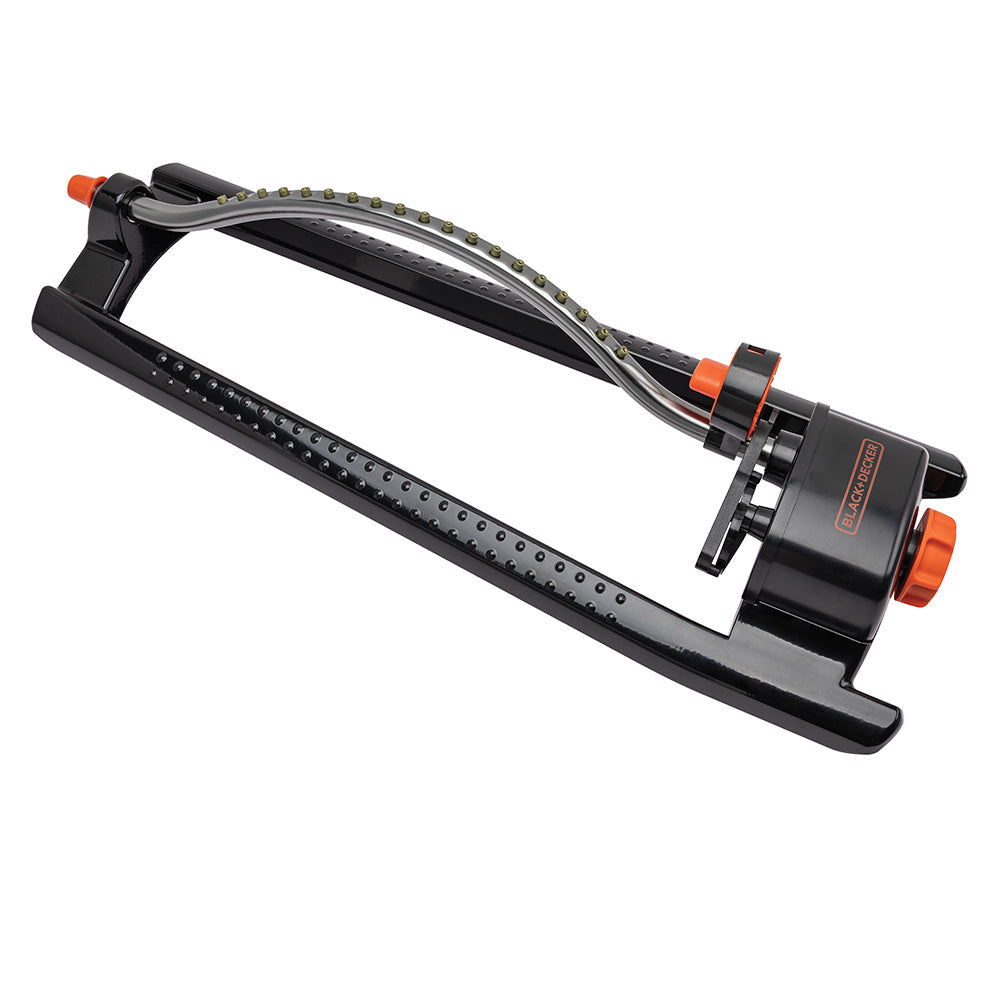 Black+Decker metal oscillating sprinkler for 3,600 sq ft, black with orange knobs on Tampa Home & Garden Store