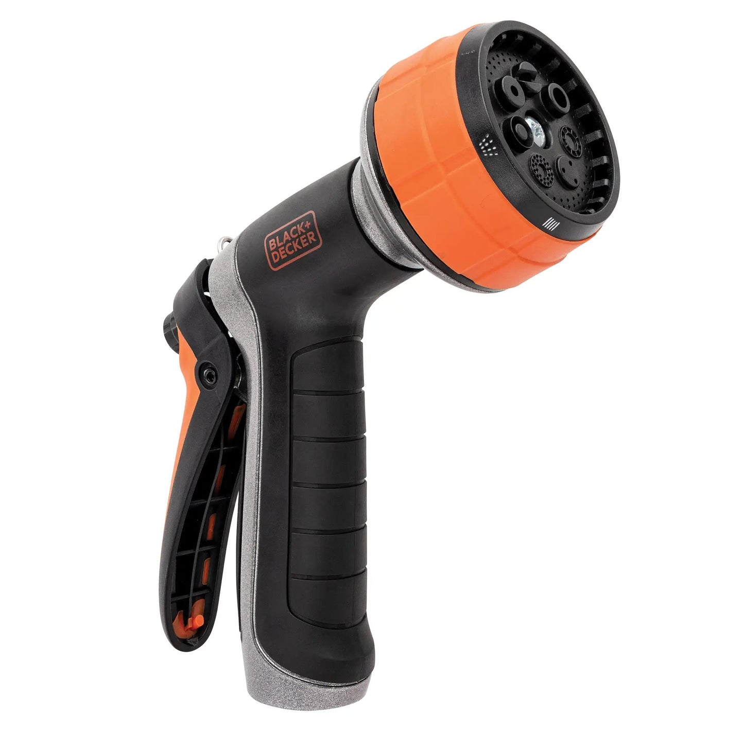 Black+Decker Dial 7 pattern hose nozzle with orange dial, rear trigger, multi-pattern spray on Tampa Home & Garden Store