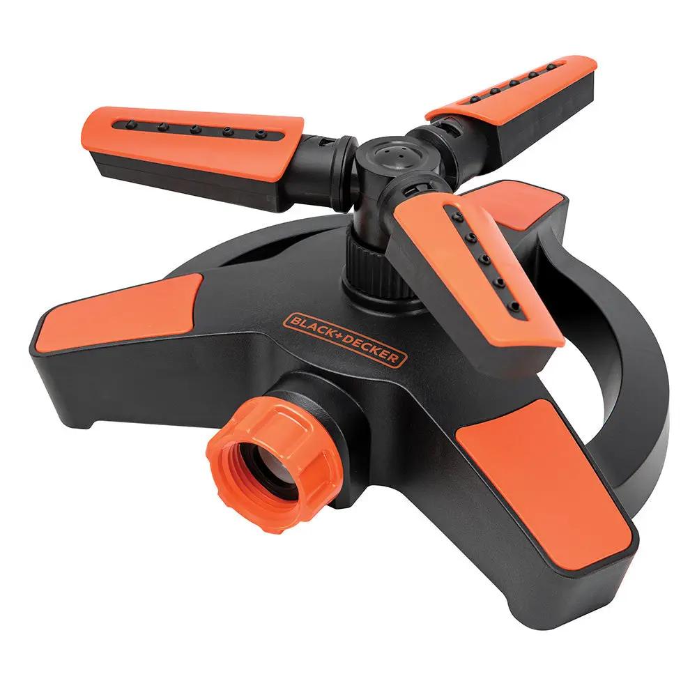 Black+Decker 3-Arm Adjustable Lawn Sprinkler with black body and orange accents on Tampa Home & Garden Store