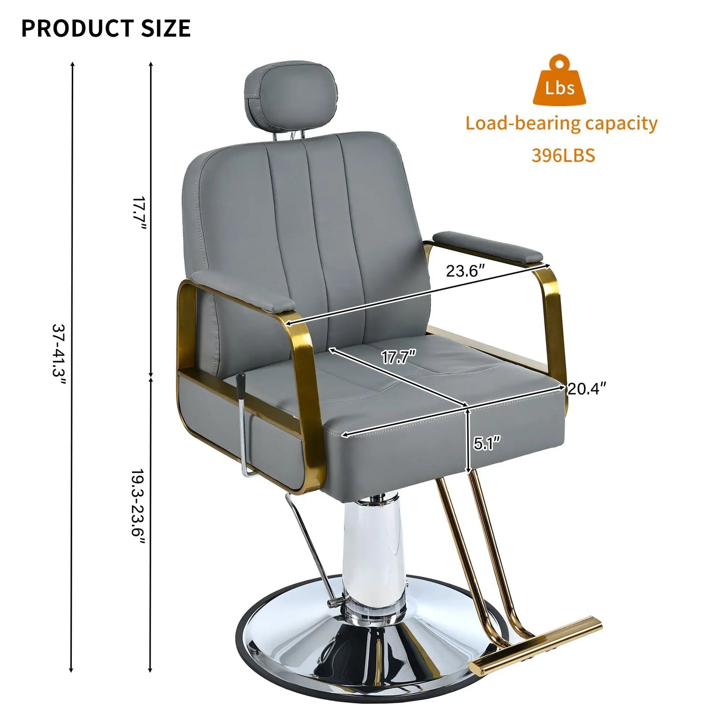 Reclining hair salon chair gray leather with 360 rotation, gold arms, chrome base on Tampa Home & Garden Store