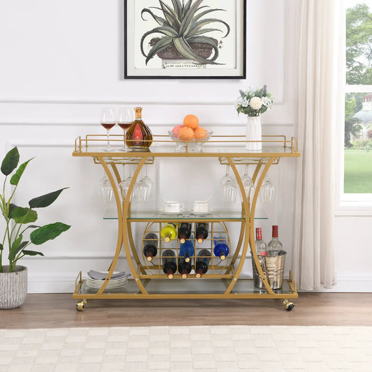 Golden bar cart with wine rack and tempered glass surface, gold frame, bottles and glasses on Tampa Home & Garden Store