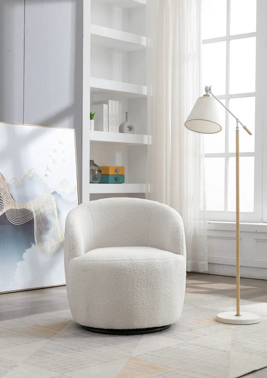 Teddy Fabric Swivel Armchair with Black Ring, white plush upholstery on Tampa Home & Garden Store