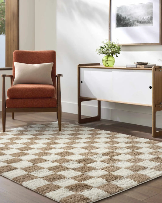 Belita Cream Luxe Shag Area Rug machine-woven in cream and brown tones on Tampa Home & Garden Store