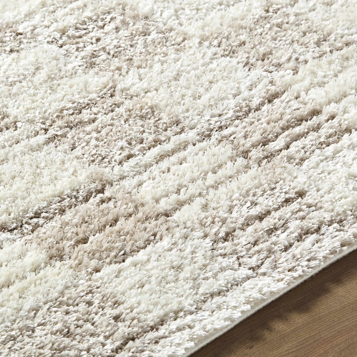 Belita Beige Luxe Shag Area Rug machine woven plush beige fibers shown on wood floor on Tampa Home & Garden Store