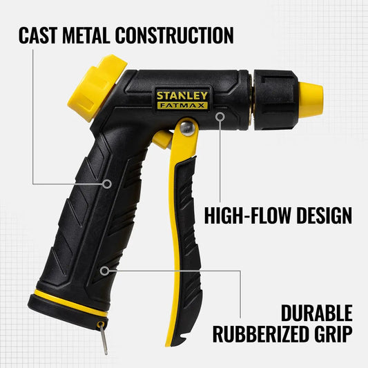 Stanley FatMax adjustable front trigger nozzle black and yellow with rubberized grip for hoses on Tampa Home & Garden Store