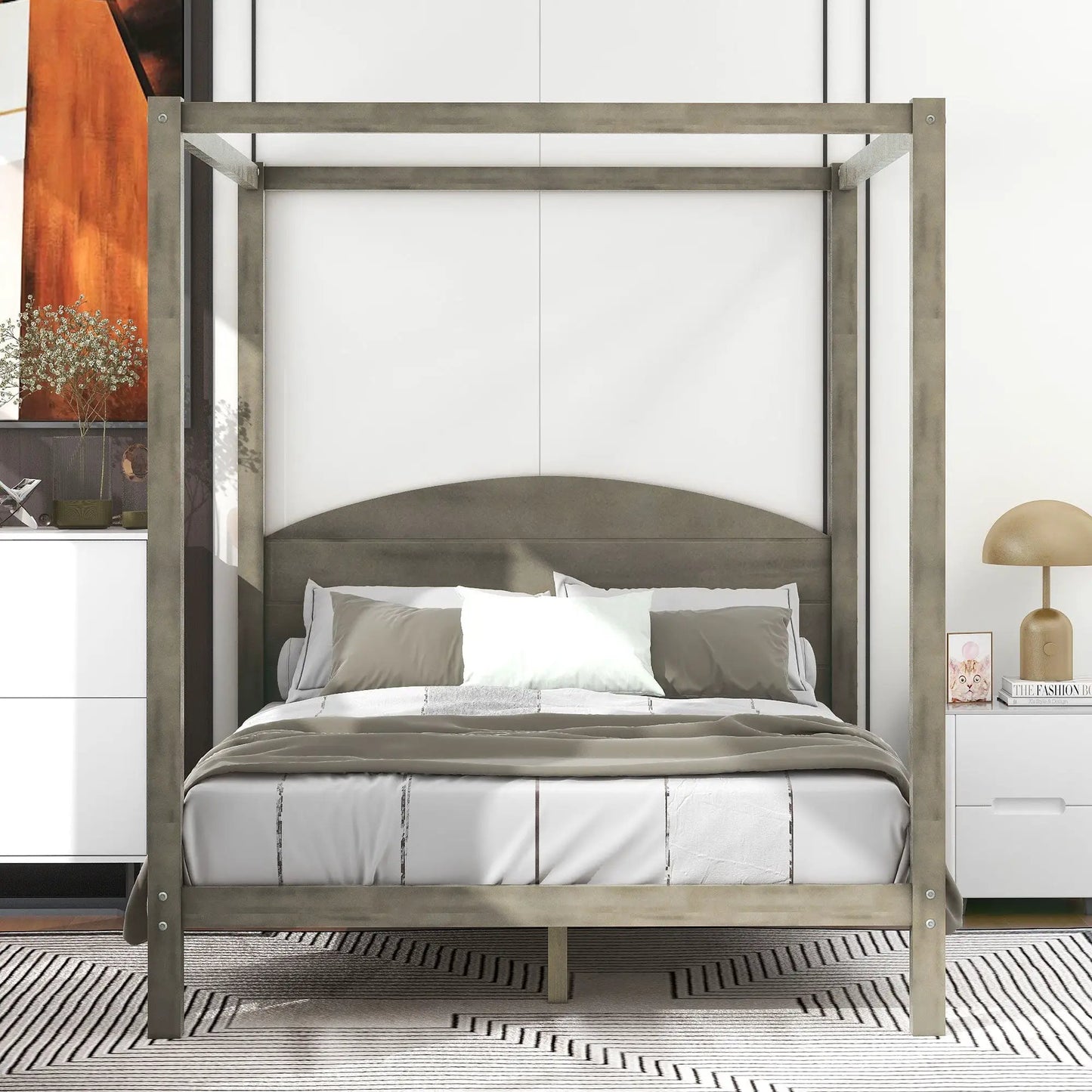Cama con dosel y plataforma tamaño Queen con cabecero y patas de soporte, acabado marrón lavado