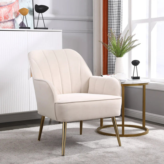Modern Mid Century Velvet Sherpa Armchair in cream beige velvet with gold metal legs on Tampa Home & Garden Store