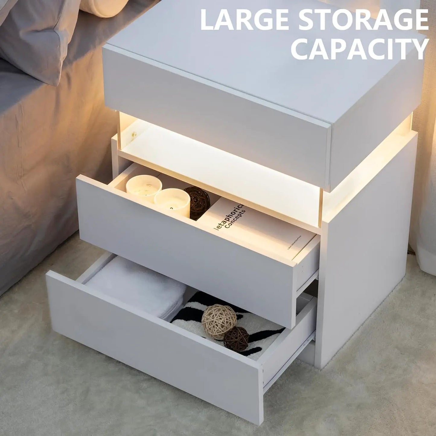 White LED nightstand with 3 drawers and soft under-LED lighting, contemporary bedroom storage on Tampa Home & Garden Store