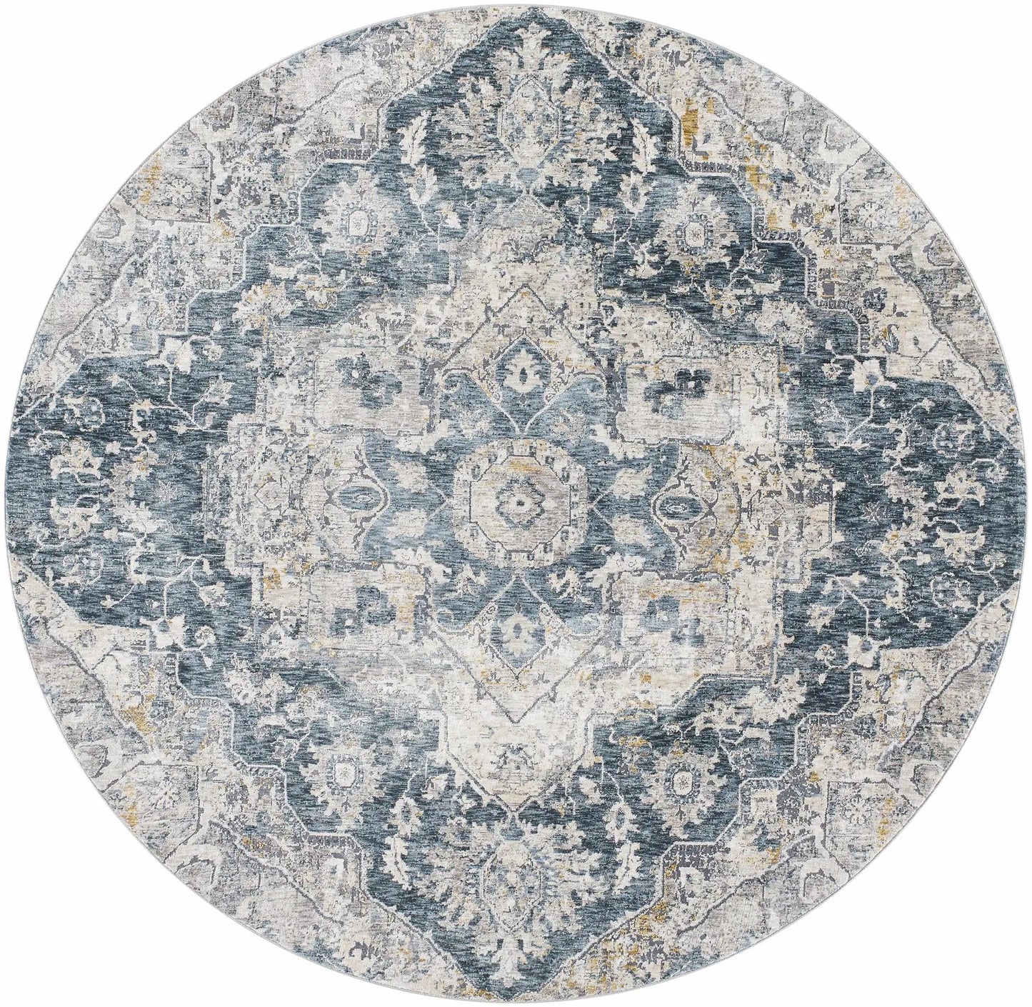 Beaudesert Luxe Fringe Rug round blue ivory distressed oriental pattern Boutique Rugs on Tampa Home & Garden Store