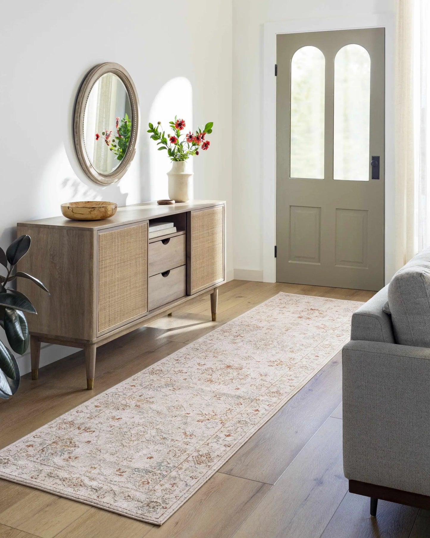 Beausejour Oushak Thick Luxe Area Rug runner in soft ivory with a muted floral motif on Tampa Home & Garden Store