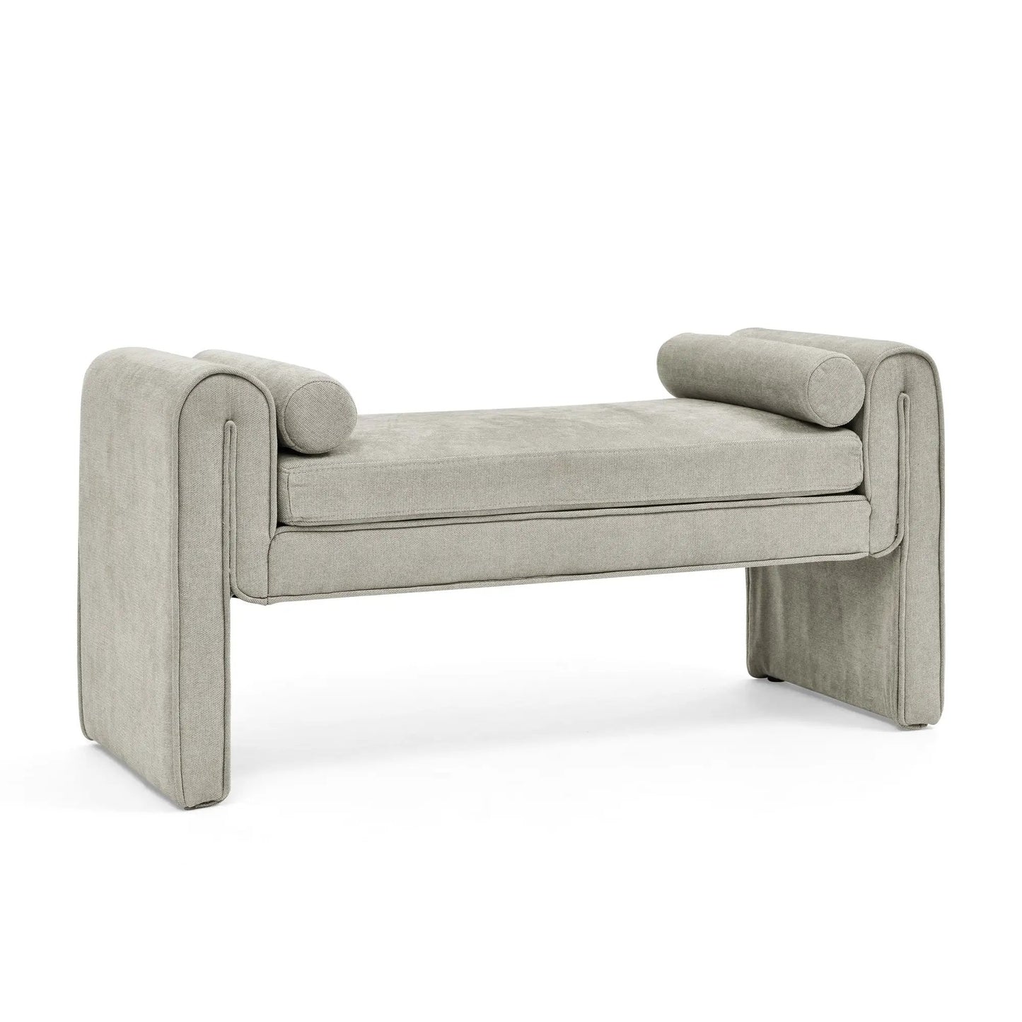 Bedroom linen storage stool in gray fabric with bolster ends and large interior storage on Tampa Home & Garden Store