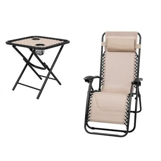 3 Piece Folding Portable Reclining Lounge Chairs Table Set Tan - Tampa Home & Garden Store