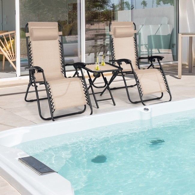 Juego de 3 Sillones Reclinables Plegables Portátiles con Mesa Color Camel