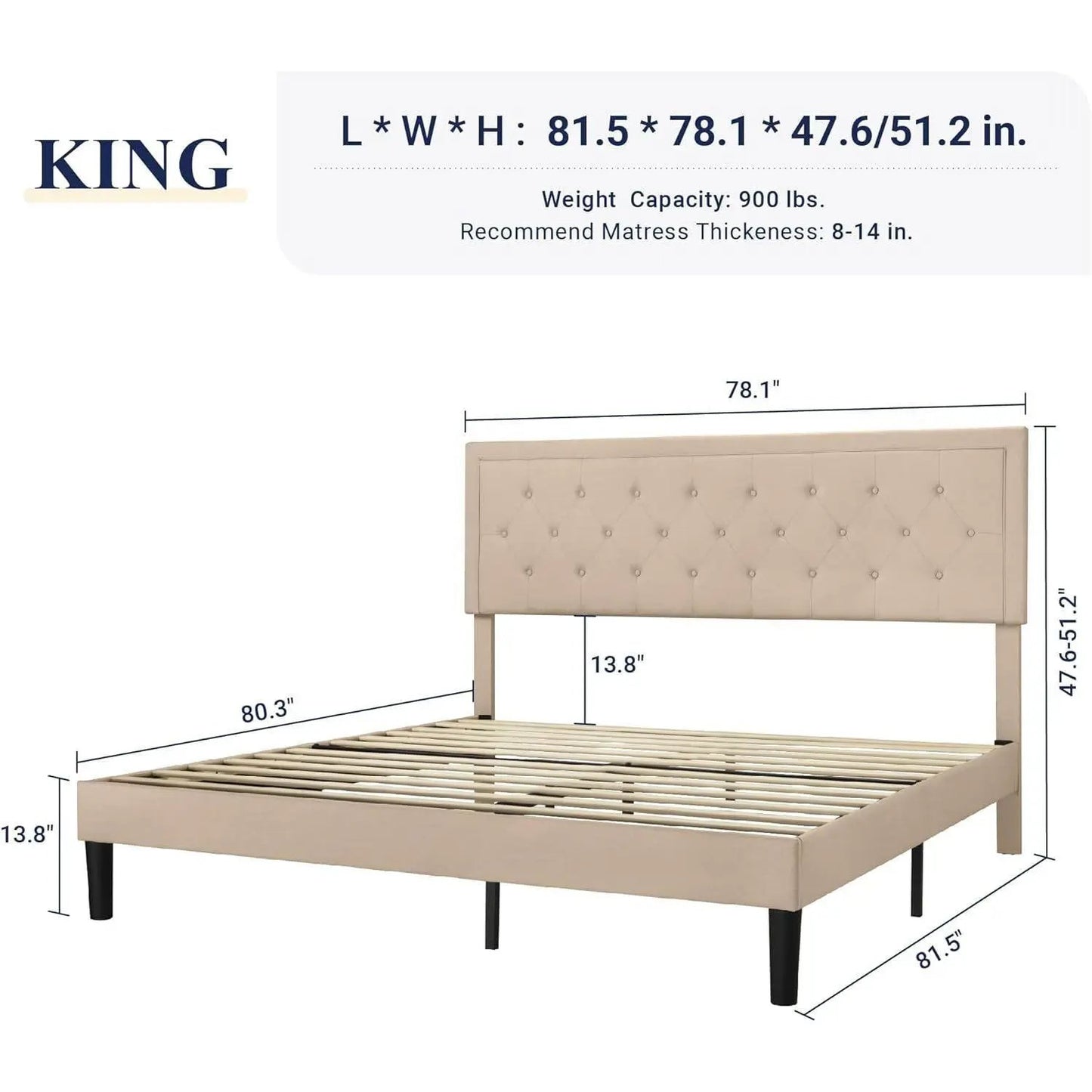 King size Beige Linen Platform Bed Frame with Button Tufted Headboard - Tampa Home & Garden Store