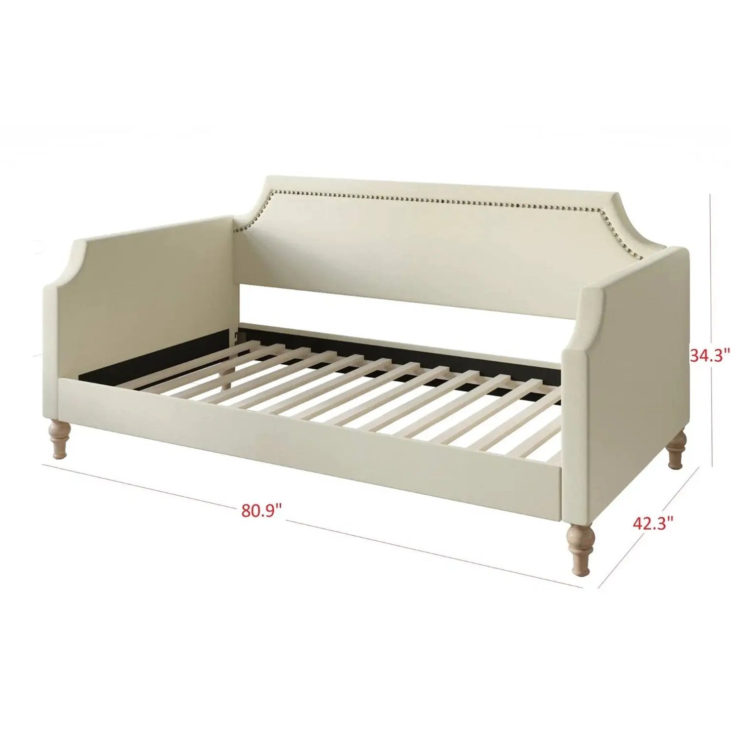 Twin size beige polyester daybed with nailhead trim and turned wood legs on cream frame on Tampa Home & Garden Store