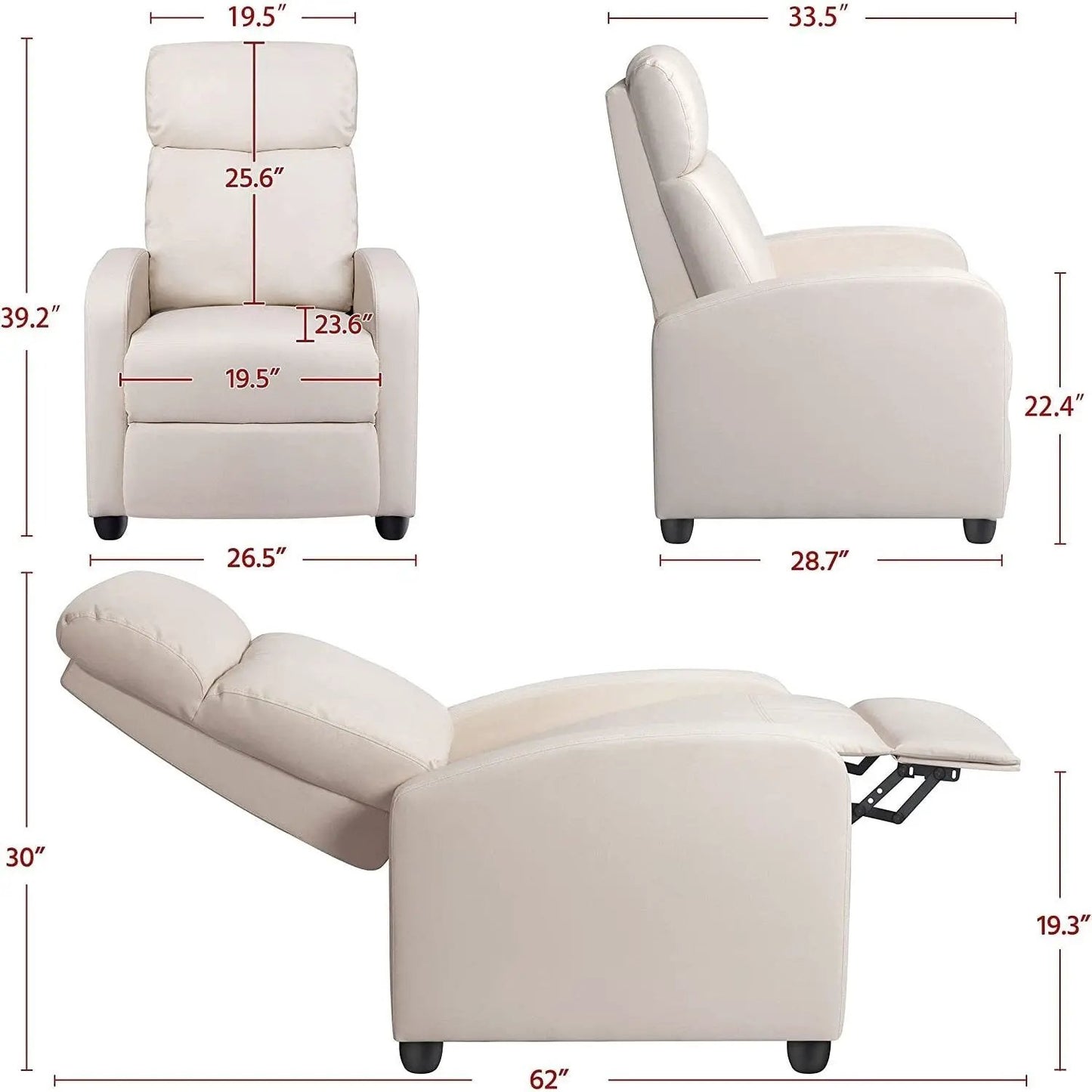 Off White High-Density Faux Leather Push Back Recliner Chair - Tampa Home & Garden Store