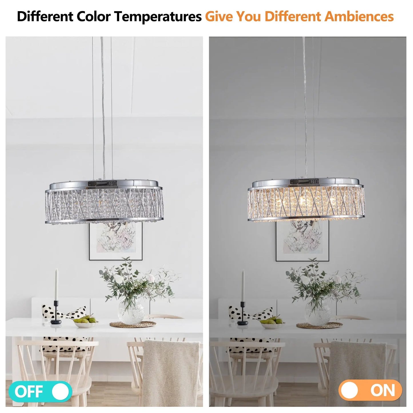 Modern Crystal Chandelier 18.9in ceiling light by VIP, crystal strands, 2 color temps on Tampa Home & Garden Store