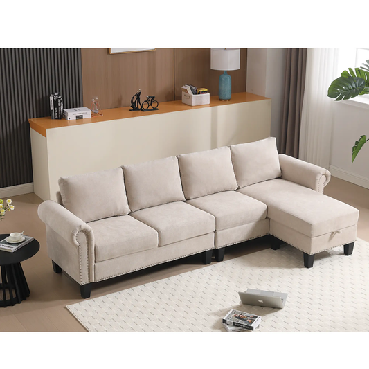 Convertible beige sectional sofa with storage, fabric cushions, dark legs on Tampa Home & Garden Store