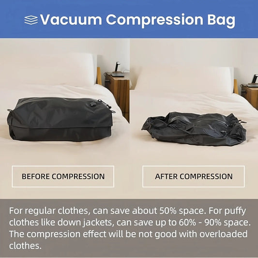 Compression Bag Pump for Travel and Storage bags on beds before and after compression on Tampa Home & Garden Store